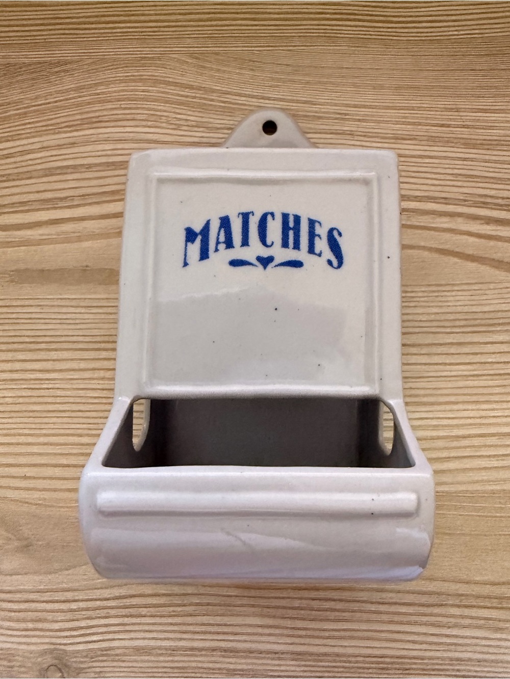 Gray Ceramic Wall-Mount Matches Holder with Blue Lettering